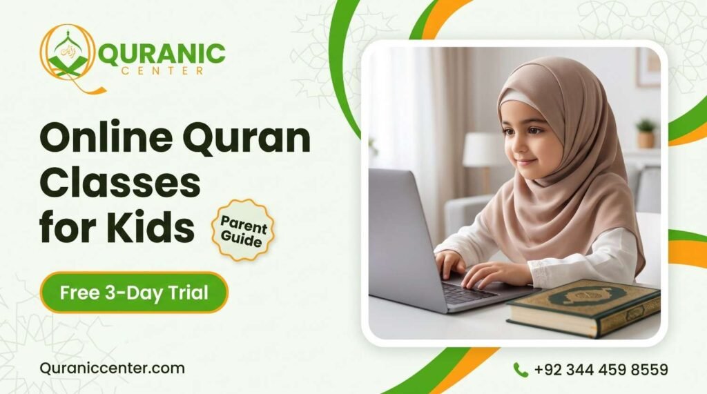 Child learning Quran online from home with Quranic Center parent guide. online quran classes for kids