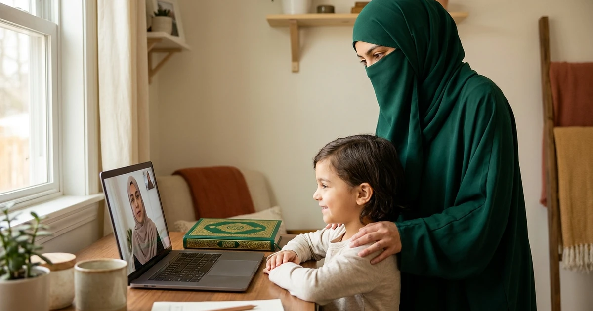 Online Quran classes in USA &mdash; child learning Quran online with a tutor through a laptop at home