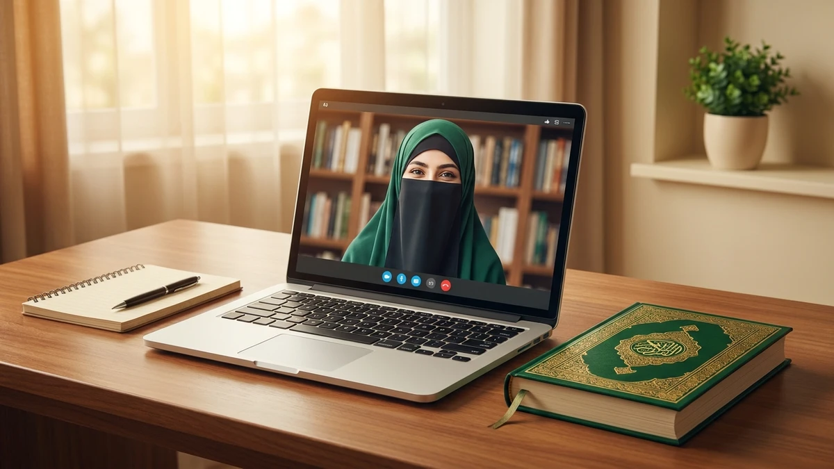 Female Quran tutor teaching a one-to-one online class through video call